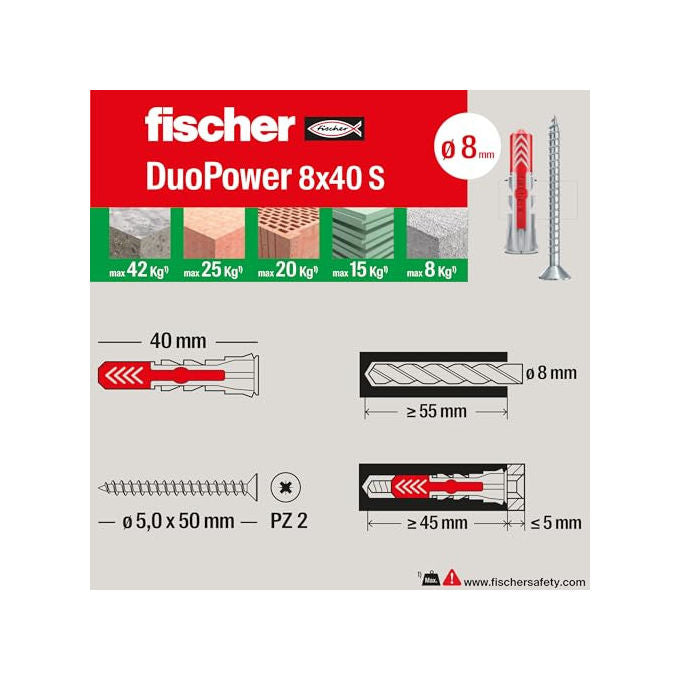 Fischer Duopower 544546 Tasselli Universali 80 pz per Muro Cartongesso Calcestruzzo
