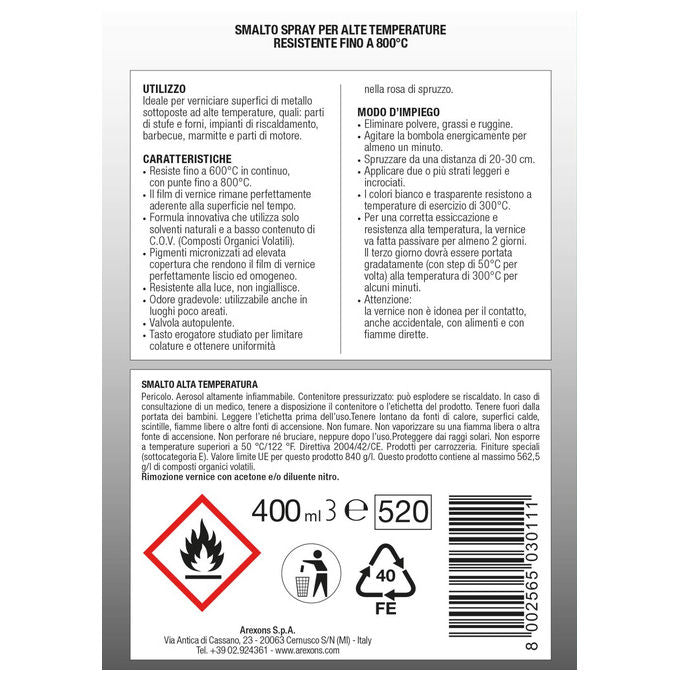 Arexons Smalto Acrilico Alta Temperatura 800°C Essiccazione Rapida per Metallo