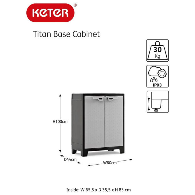 Keter Armadio Titan Basso 80x44x100 Cm Portata 90 Kg Resistente a Vento con Cerniere in Metallo e Ripiani da 30 Kg