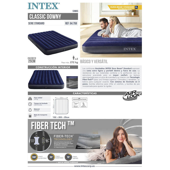 Intex DuraBeam Classic Downy Queen Materasso Matrimoniale 152x203x25cm con Tecnologia Fiber Tech