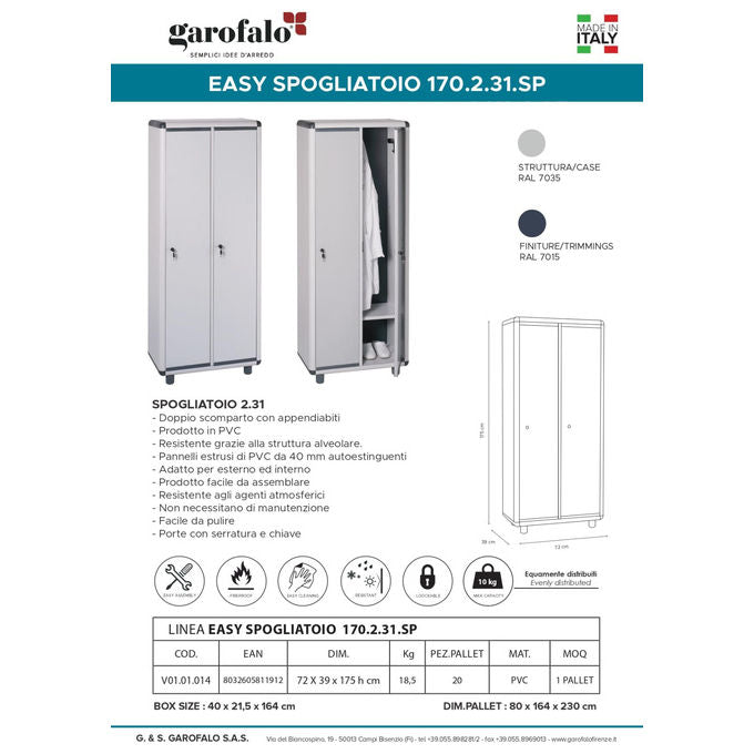 Garofalo Armadio Spogliatoio Sporco Pulito in Resina con Piedini e Serratura, Grigio, 59x39x175 cm