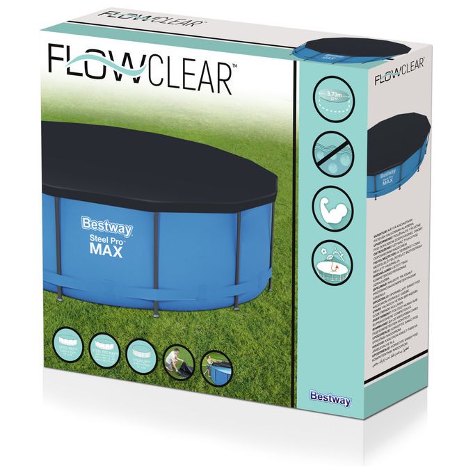 Bestway 58037 Flowclear Telo Copertura Piscina Fuori Terra Rotonda 366 cm PVC con Fori di Drenaggio colore Blu