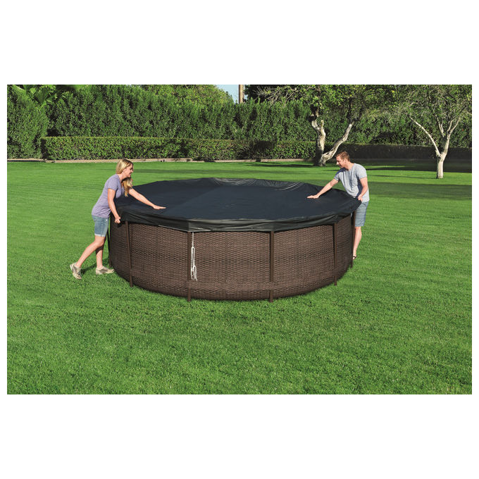 Bestway 58037 Flowclear Telo Copertura Piscina Fuori Terra Rotonda 366 cm PVC con Fori di Drenaggio colore Blu