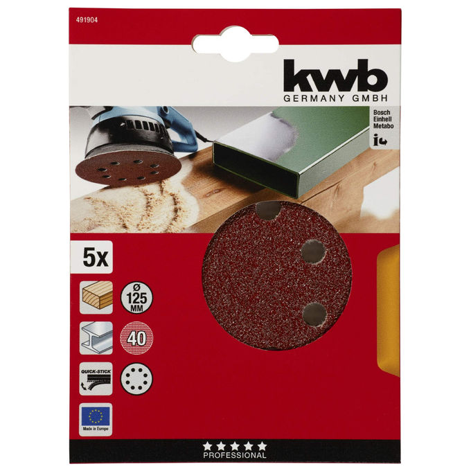 Kwb Dischi Abrasivi Autoadesivi 125mm GR40 per Legno e Metallo 5 pezzi