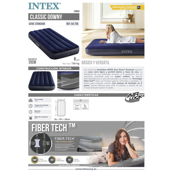 Intex Materasso Singolo Classic Downy con Tecnologia Fiber Tech 76x191x25cm