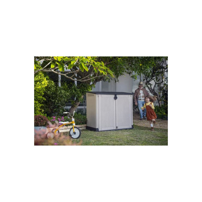 Keter 17210426 Store-It-Out MIDI Box Portattrezzi da Giardino 880 L Doppia Anta Pavimento Incluso Lucchettabile colore Beige