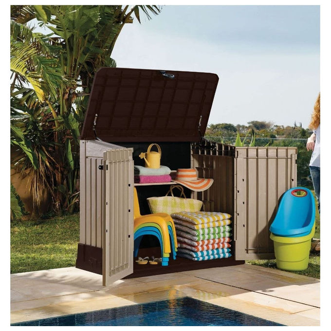 Keter 17210426 Store-It-Out MIDI Box Portattrezzi da Giardino 880 L Doppia Anta Pavimento Incluso Lucchettabile colore Beige