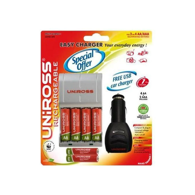 Uniross Caricabatteria Rapido 4 Stilo 2 Ministilo con Adattatore Auto Compatto