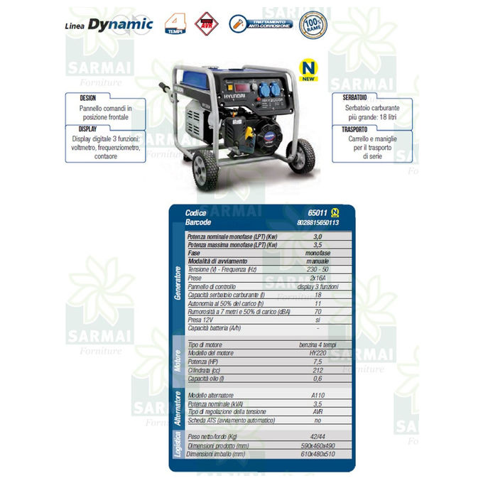 Hyundai HY4000 Generatore di Corrente a Benzina 3,0 Kw 230V Carrellato