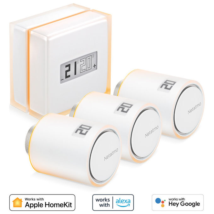Netatmo NBU-NTH-NAV Kit Termostato Intelligente 3 Valvole Termostatiche Wi-Fi RF Alexa Google HomeKit colore Bianco