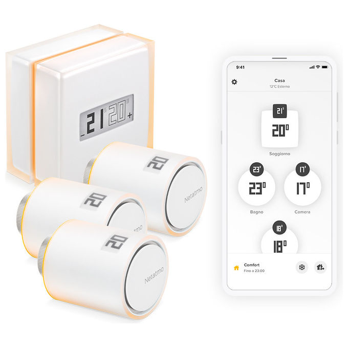 Netatmo NBU-NTH-NAV Kit Termostato Intelligente 3 Valvole Termostatiche Wi-Fi RF Alexa Google HomeKit colore Bianco