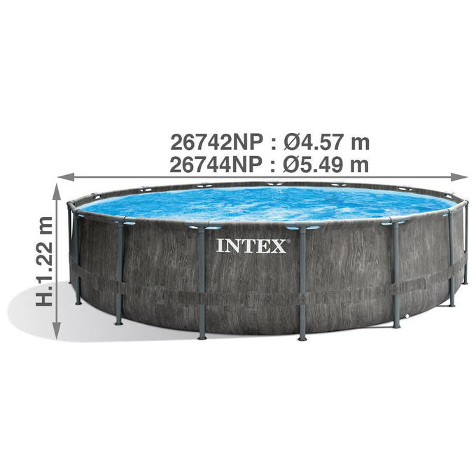 Intex 26744 Prism Frame Greywood Piscina Fuori Terra Rotonda 549x122 cm 24311 L con Pompa Filtro Scaletta e Teli colore Grigio