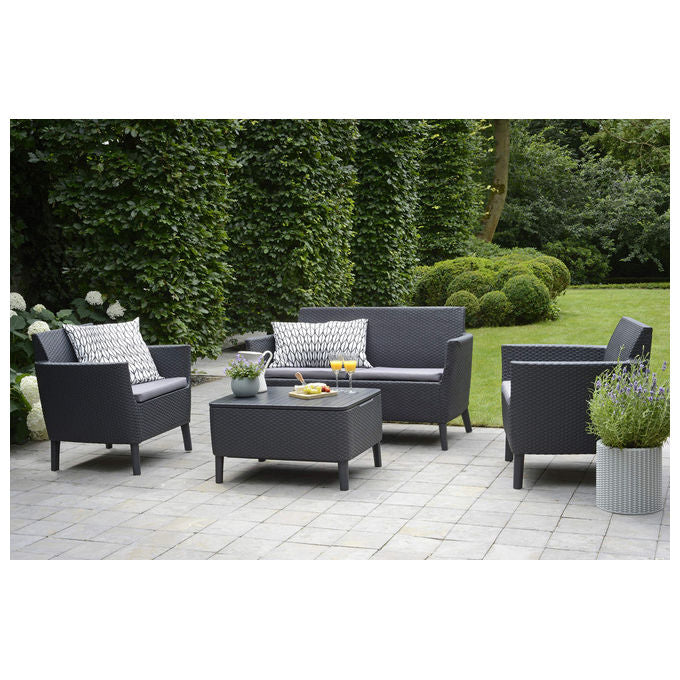 Keter 253220 Salemo Salottino da Esterno 4 Posti Divano 2 Poltrone Tavolino Polipropilene Effetto Rattan colore Grafite