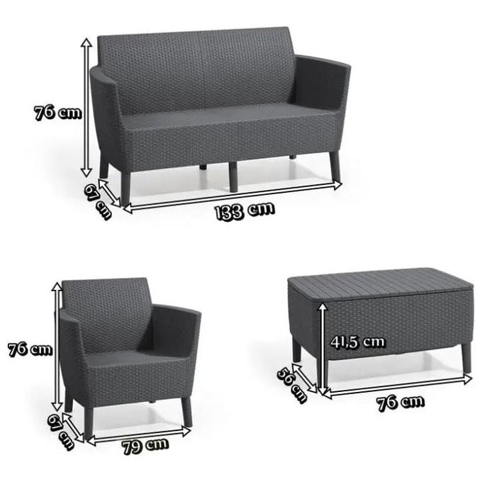 Keter 253220 Salemo Salottino da Esterno 4 Posti Divano 2 Poltrone Tavolino Polipropilene Effetto Rattan colore Grafite