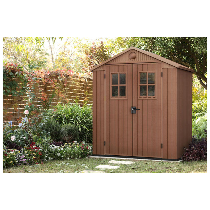 Keter K255778 Darwin Casetta da Giardino Effetto Legno con Finestre Frontali e Pavimento Incluso colore Marrone