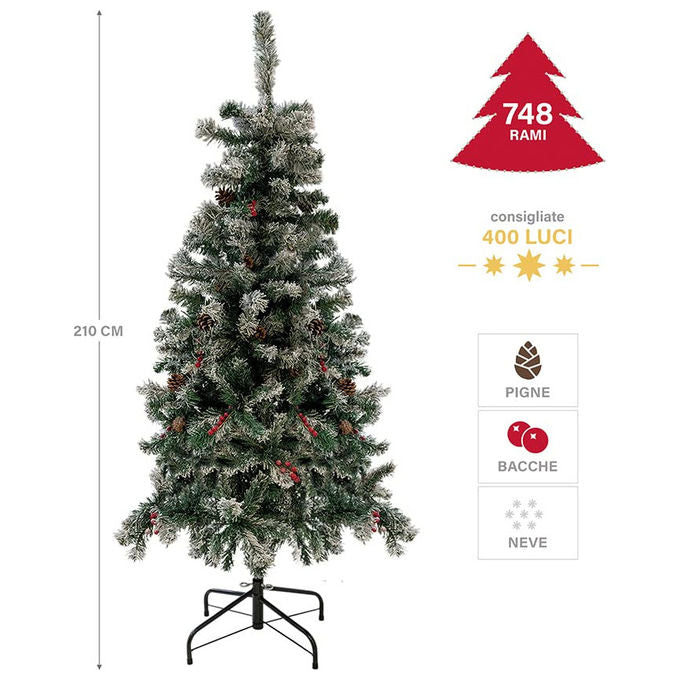 Galileo 5902926 Sestriere Albero di Natale Innevato 748 Rami con Pigne e Bacche 210 cm colore Verde