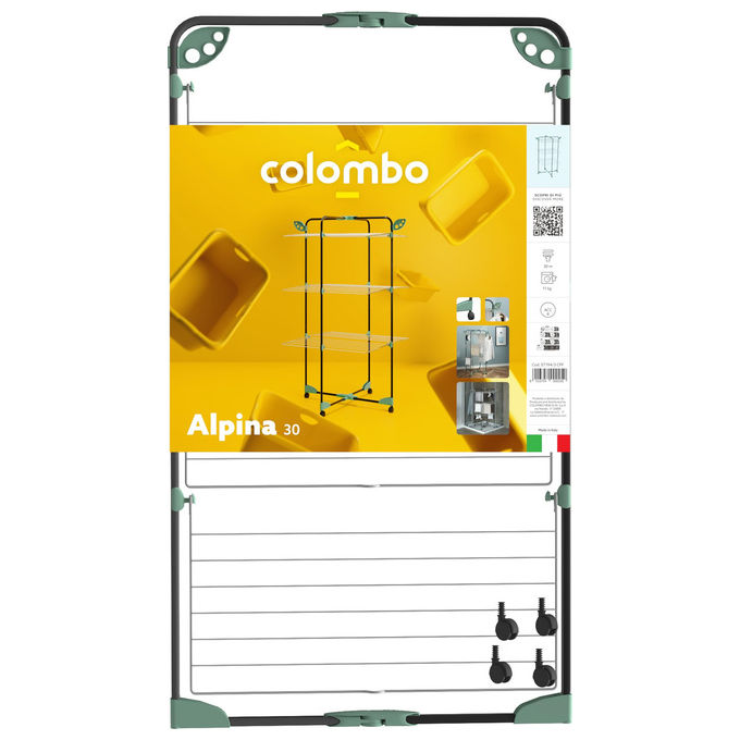 Colombo New Scal ST194-3 CPF Alpina Stendibiancheria a Torre 30 m con Ruote Portagrucce Ripiegabile colore Nero