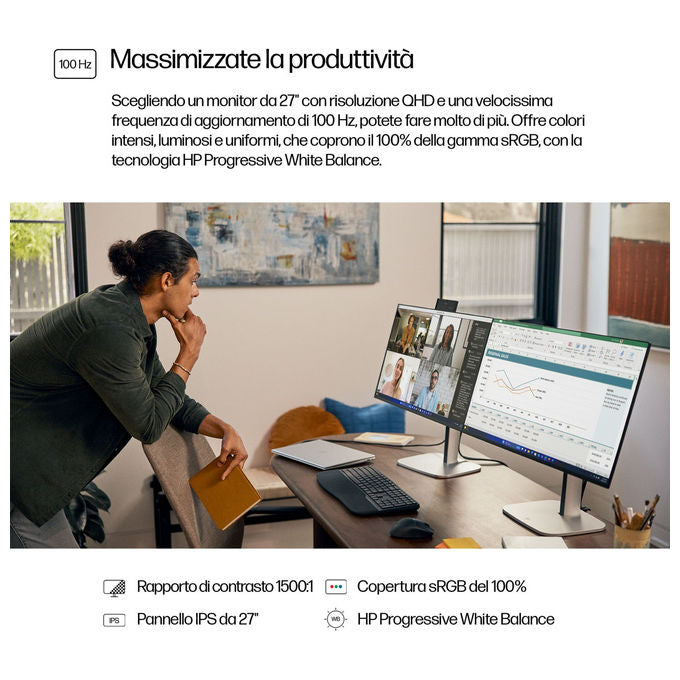 HP 9D9S0UT#ABB Serie 5 Pro Monitor 27'' QHD IPS 100Hz 350 cd-m² Hub USB 3.2 HDMI DisplayPort colore Nero