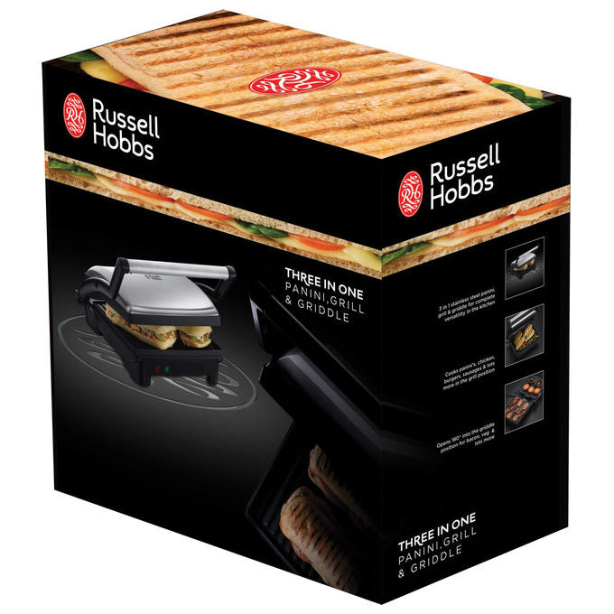 Russell Hobbs, Piastra Elettrica 3 in 1, Panini, Grill, Barbecue, Acciaio Inox, 1800W