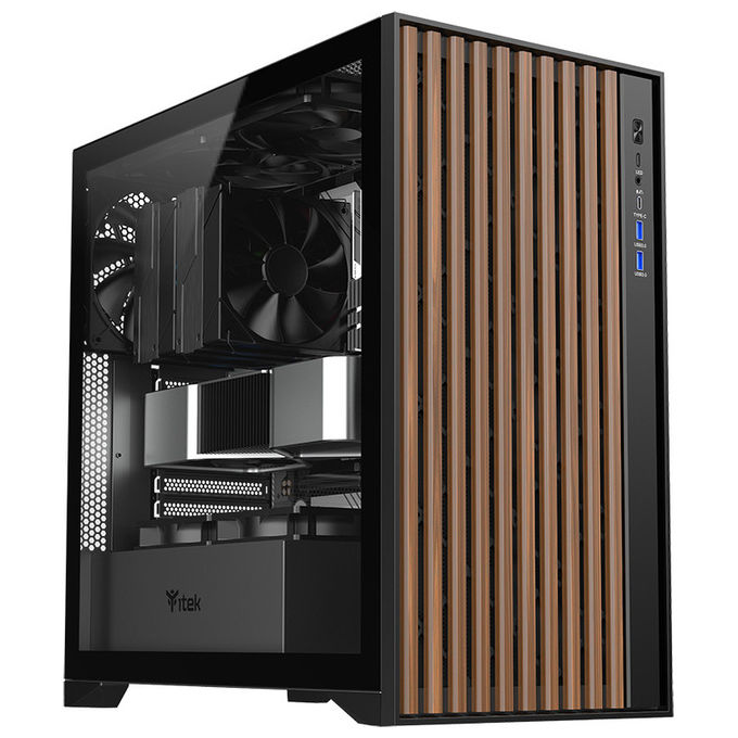 Itek ITGCAWO28B WOODY Case PC Gaming Tower ATX Pannello Legno Vetro Temperato 3 Ventole PWM 140mm USB Type-C colore Nero