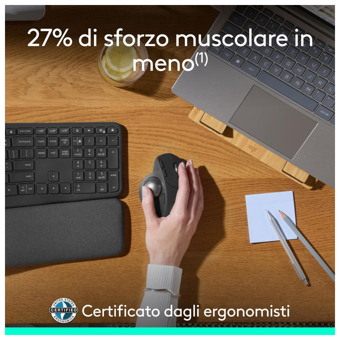 Logitech 910-007260 MX Ergo S Mouse Trackball Wireless Ergonomico 2048 DPI Bluetooth 5.2 8 Tasti 6 Programmabili USB-C colore Grafite