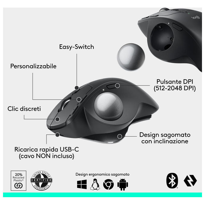 Logitech 910-007260 MX Ergo S Mouse Trackball Wireless Ergonomico 2048 DPI Bluetooth 5.2 8 Tasti 6 Programmabili USB-C colore Grafite