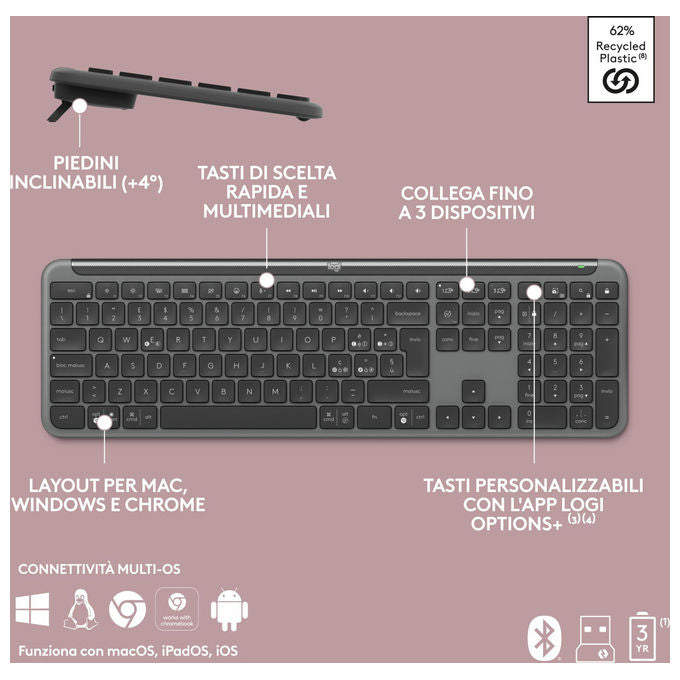 Logitech MK950 Signature Slim Kit Tastiera e Mouse Wireless Bluetooth QWERTY Italiano Multi Dispositivo colore Grafite