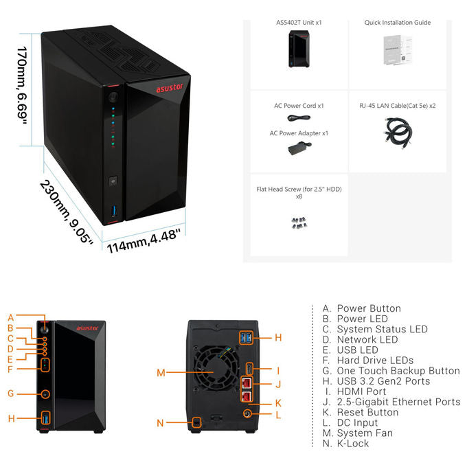 Asustor AS5402T NAS 2 baie Quad-Core 4GB RAM Nimbustor 2 Gen2 archiviazione di rete