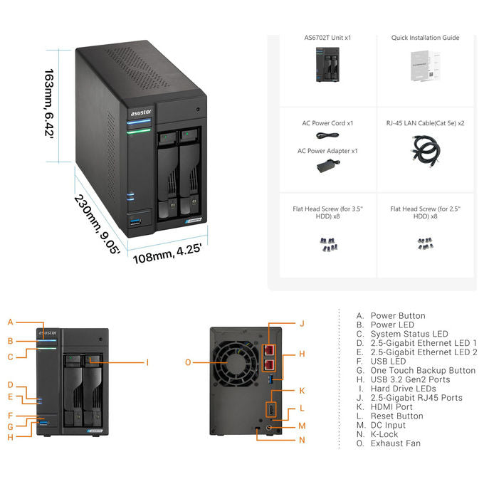 Asustor NAS LOCKERSTOR 2 Gen2 AS6702T 2 Bay Ethernet Nero - Archiviazione di rete