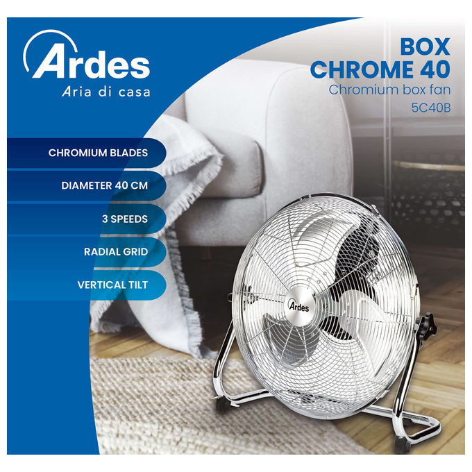 Ardes AR5C40B Ventilatore da Pavimento 40cm 3 Pale Alluminio Cromato 90W 3 Velocita'