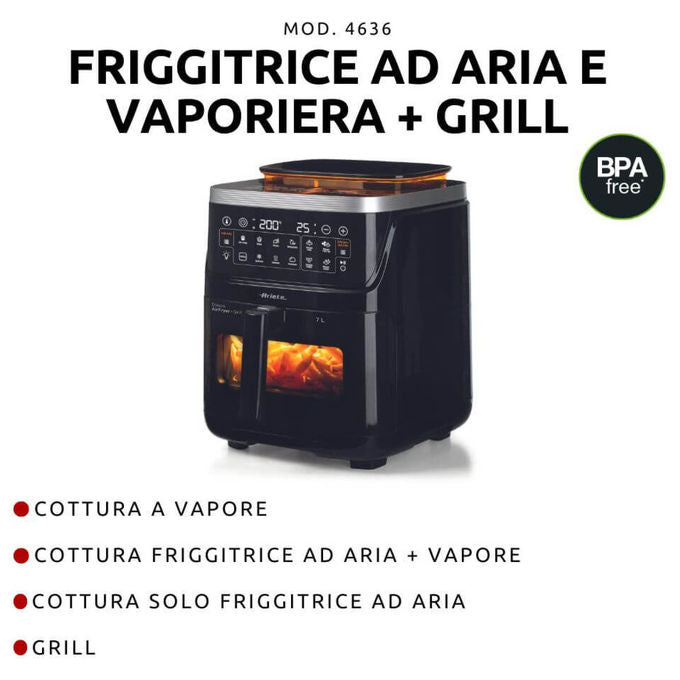 Ariete 4636 Friggitrice ad aria 7 L 1700W Vapore Grill 10 Programmi Display Touch colore Nero