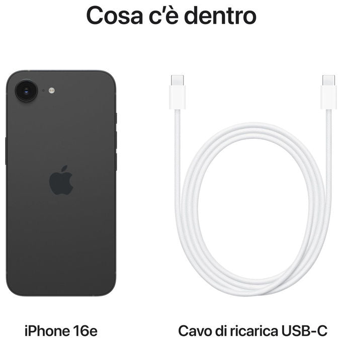 Apple MD1Q4QL-A iPhone 16e Smartphone 5G 128GB Display OLED 6.1'' Chip A18 Fotocamera 48MP iOS 18 colore Nero