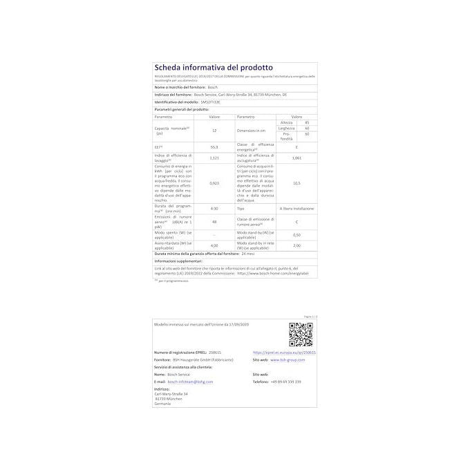 Bosch SMS2ITI33E Serie 2 Lavastoviglie Libera Installazione 14 coperti Classe E Wi-Fi AquaStop ExtraDry 42 dB (88x60x60 cm) colore Inox