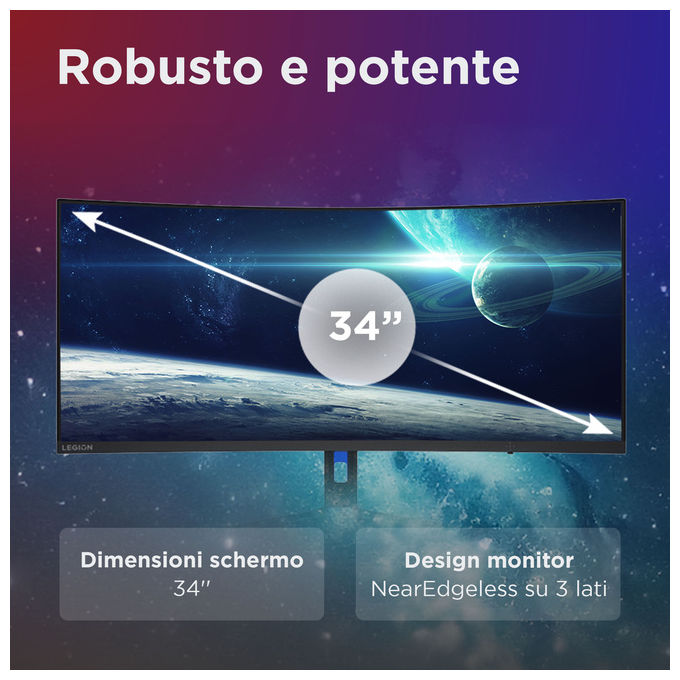 Lenovo 67C7GACBIT Legion R34w-30 Monitor PC 34'' 3440x1440 Pixel 180 Hz colore Nero