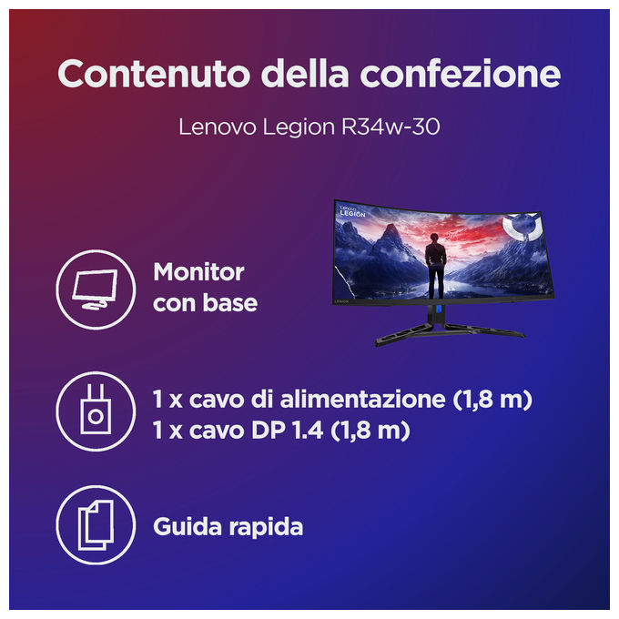 Lenovo 67C7GACBIT Legion R34w-30 Monitor PC 34'' 3440x1440 Pixel 180 Hz colore Nero