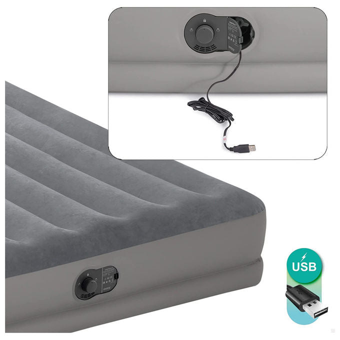 Intex 64114 Dura-Beam Materasso Gonfiabile Matrimoniale Fiber-Tech Pompa USB 272 Kg 203x152x30 cm colore Grigio