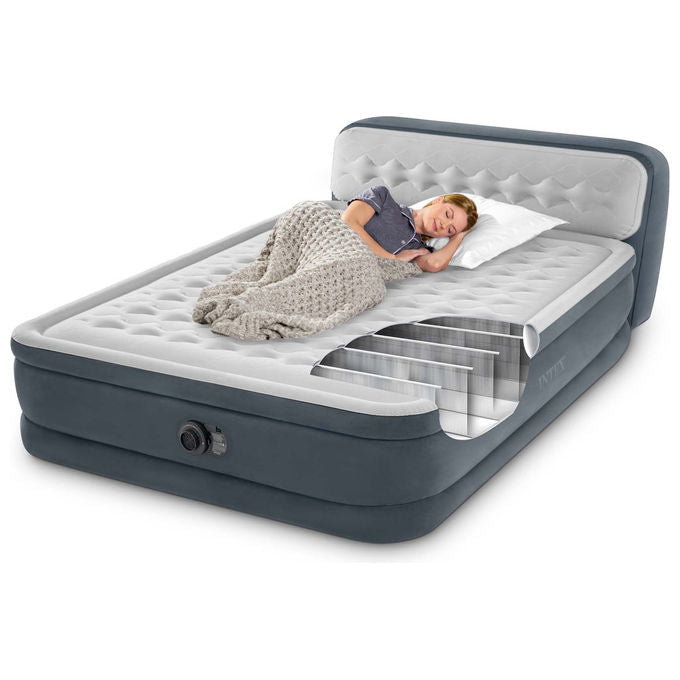 Intex Materasso Gonfiabile Matrimoniale con Testiera, Grigio, Pompa Integrata