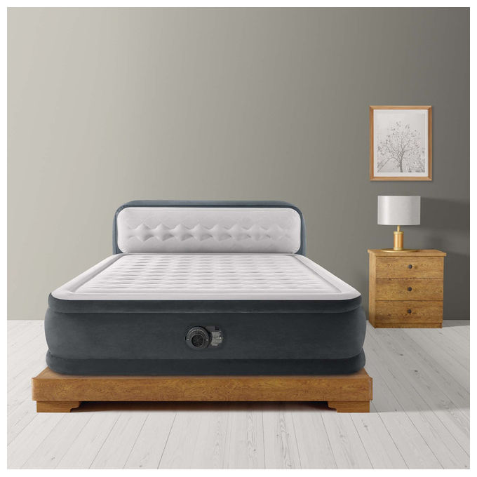 Intex Materasso Gonfiabile Matrimoniale con Testiera, Grigio, Pompa Integrata