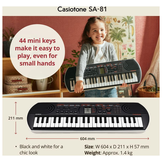 Casio SA-81 Tastiera Digitale 44 Mini Tasti Portatile 100 Timbri 32 Polifonia per Bambini e Principianti colore Nero