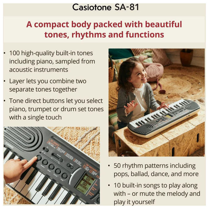 Casio SA-81 Tastiera Digitale 44 Mini Tasti Portatile 100 Timbri 32 Polifonia per Bambini e Principianti colore Nero