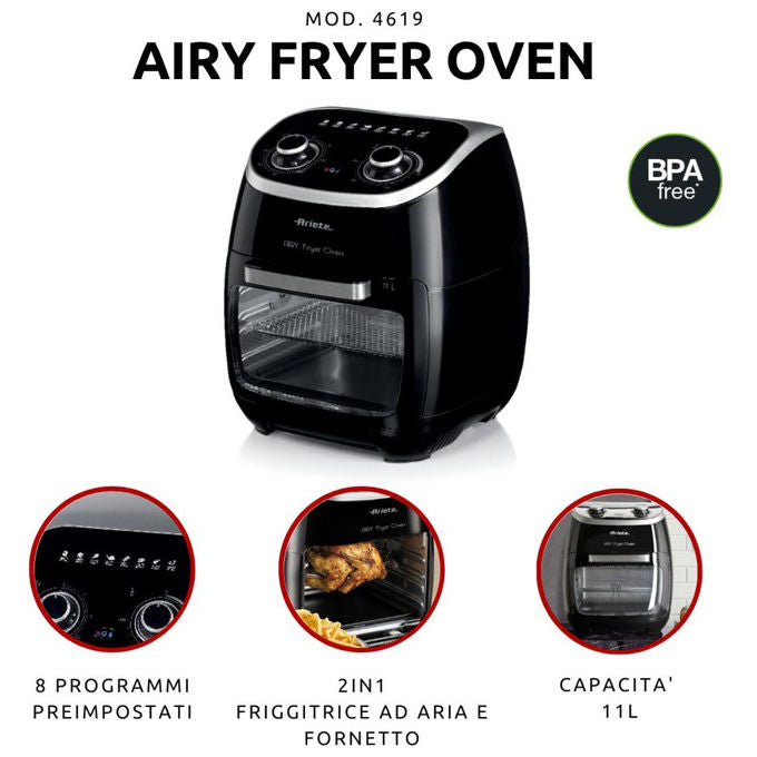 Ariete 4619 Friggitrice ad aria 11 L 2000 W Forno Elettrico Girarrosto Essiccatore 8 Programmi colore Nero