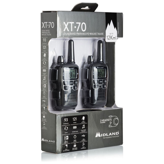 Midland, Ricetrasmittente XT70, PMR446, 24 Canali, Display LCD, Nero e Grigio