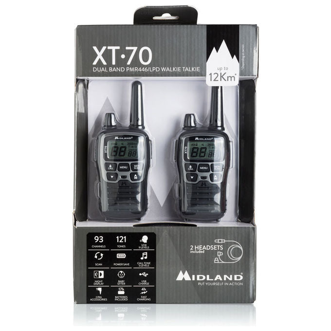 Midland, Ricetrasmittente XT70, PMR446, 24 Canali, Display LCD, Nero e Grigio