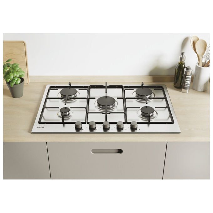 Candy Timeless CHW7X, Piano Cottura a Gas, 5 Fornelli, Acciaio Inox, da Incasso, 75 cm