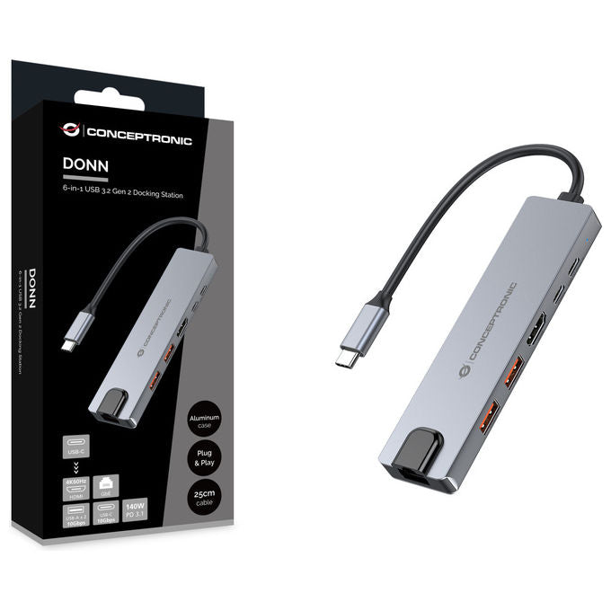 Conceptronic DONN29G Docking Station USB-C 3.2 Gen2 HDMI 4K Ethernet LAN Grigio Alluminio
