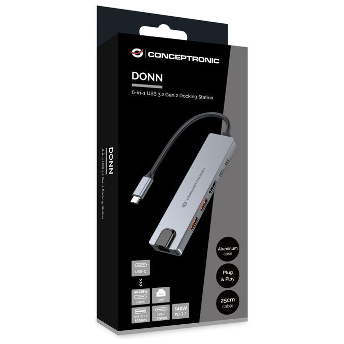 Conceptronic DONN29G Docking Station USB-C 3.2 Gen2 HDMI 4K Ethernet LAN Grigio Alluminio