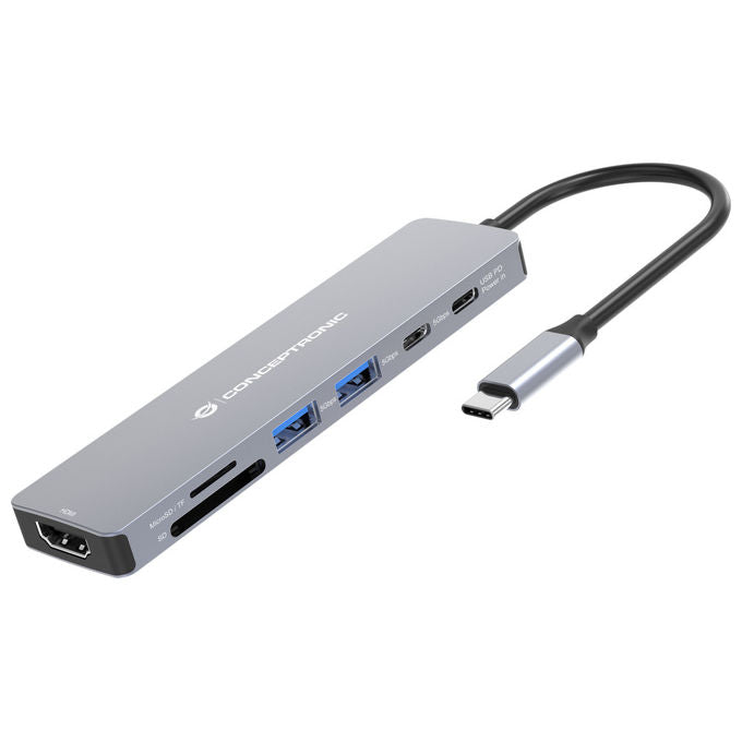 Conceptronic DONN28G Hub USB 3.2 Type-C 5 Porte 4K 100W Grigio Alluminio Lettore SD