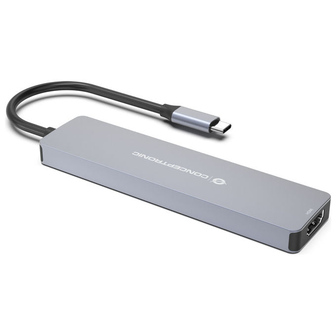 Conceptronic DONN28G Hub USB 3.2 Type-C 5 Porte 4K 100W Grigio Alluminio Lettore SD