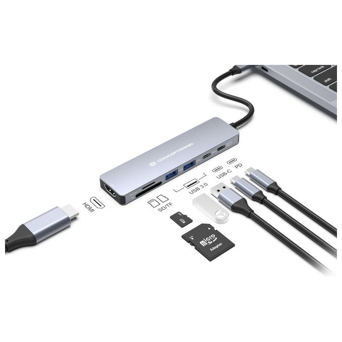 Conceptronic DONN28G Hub USB 3.2 Type-C 5 Porte 4K 100W Grigio Alluminio Lettore SD