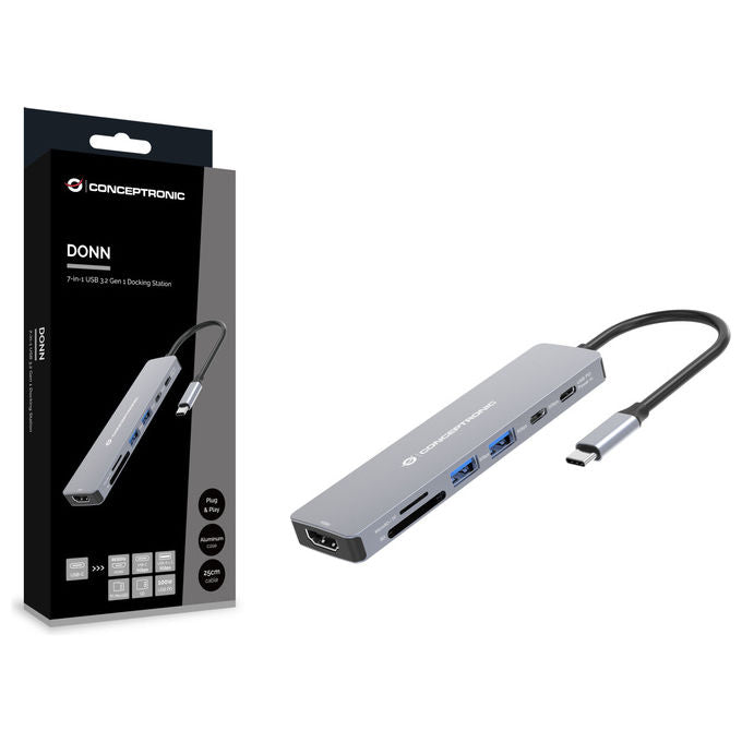 Conceptronic DONN28G Hub USB 3.2 Type-C 5 Porte 4K 100W Grigio Alluminio Lettore SD